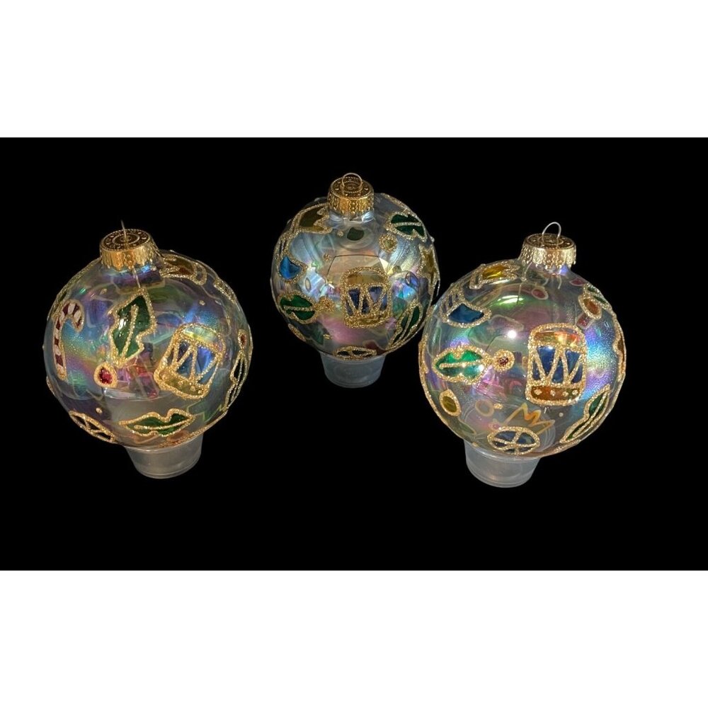 Set of 3 U. T. Clear Blown Glass 4” Gold Glittered Holiday Christmas Ornaments - Picture 2 of 6